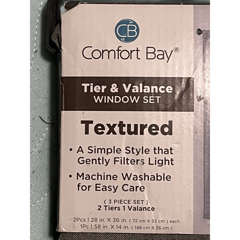 COMFORT BAY~GRAY~TEXTURED~3 PIECE TIER & VALANCE CURTAIN SET~NEW~ROD POCKET - Picture 5 of 7